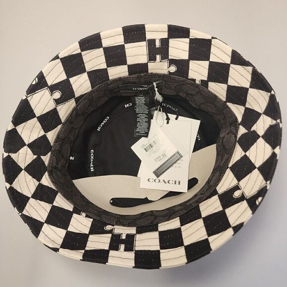 NWT Coach CS586 Checkerboard Print Bucket Hat Black White Cream XS/S - Picture 3 of 4